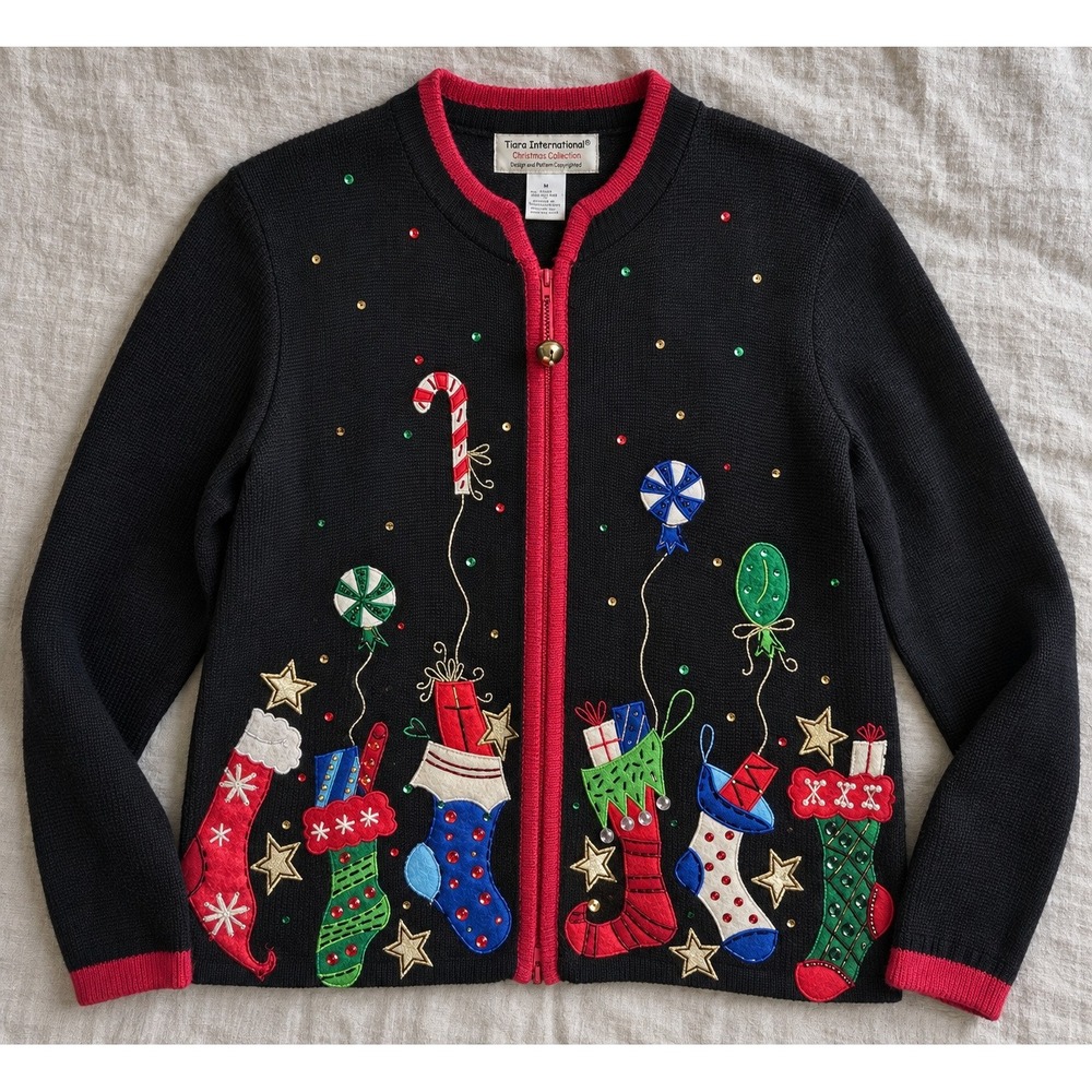 Tiara International Christmas Collection Beaded Vintage Zip Cardigan Black M